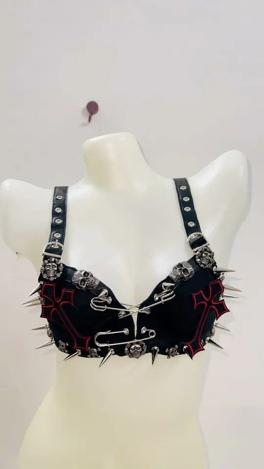 Black Punk Spike Studded Cross Skull Crop Top