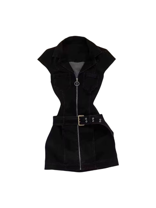 Black Denim Y2k Belt Mini Minimalist Dress