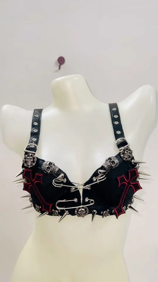 Black Punk Spike Studded Cross Skull Crop Top