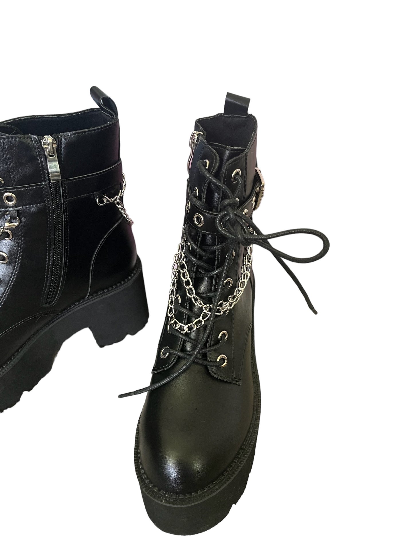 Black Faux Leather Platform Chain Heel Boots