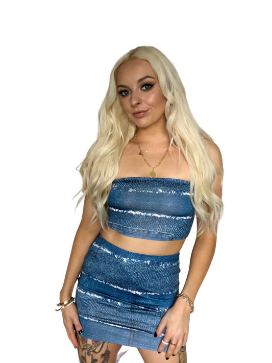 Denim Y2K Bandeau Skirt Co-Ord Set