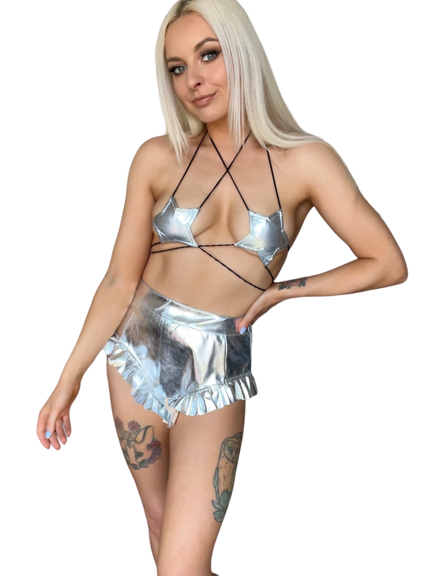 Silver Metallic Faux Leather High Waisted Ruffle Booty Shorts