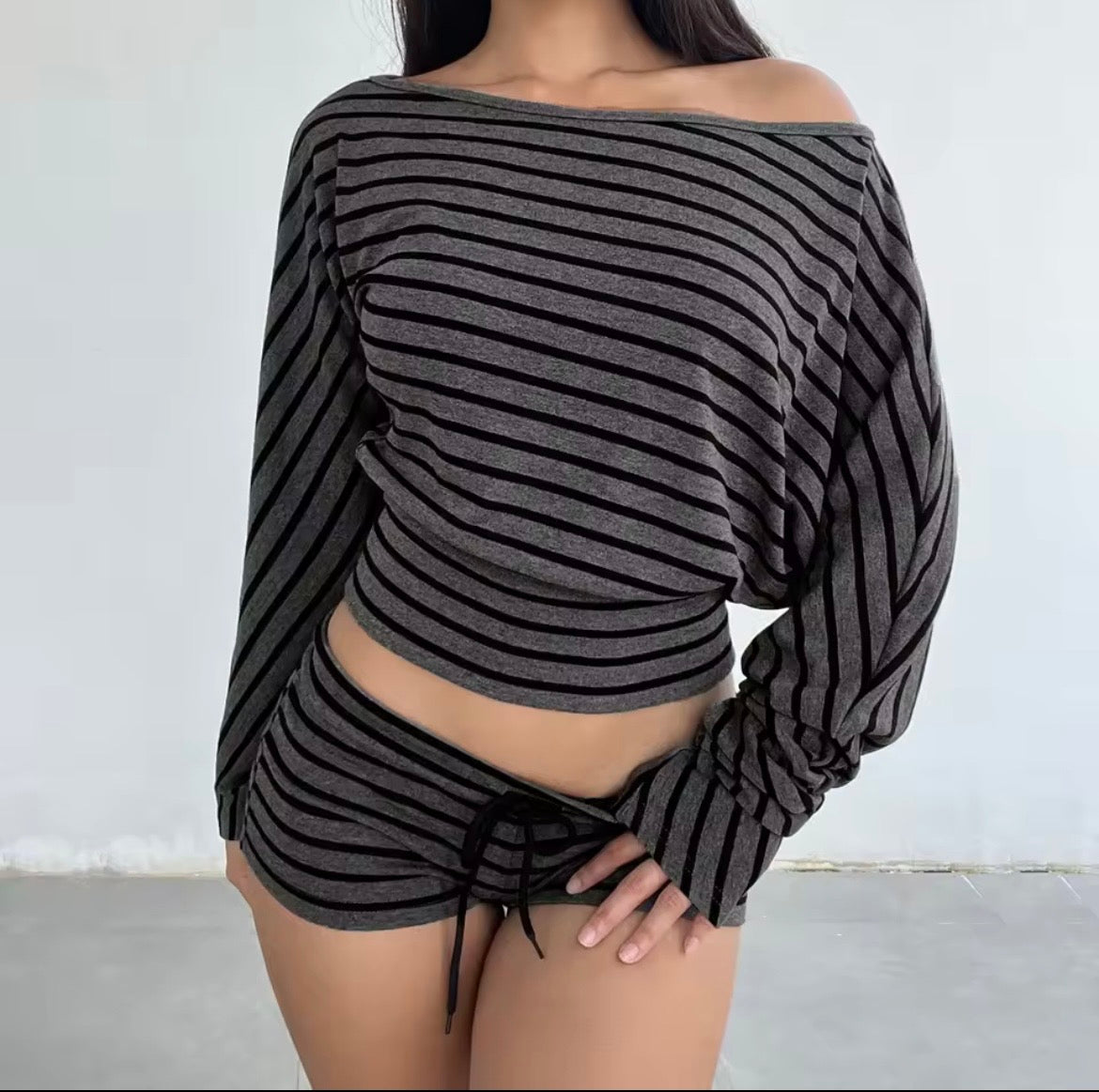 Grey And Black Striped Slouch Top And Shorts Loungewear Set