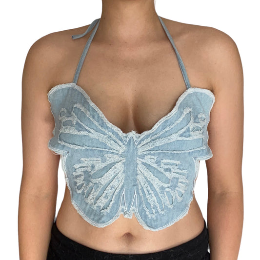 Blue Denim Y2k Backless Butterfly Crop Top