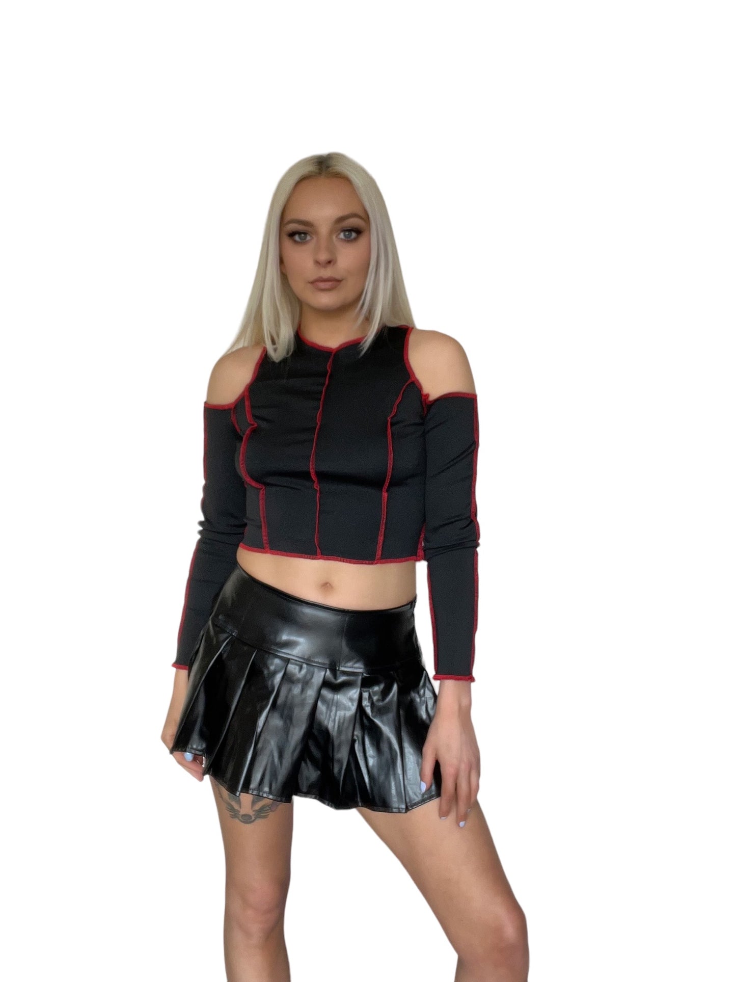 Black Patchwork Punk Cold Shoulder Crop Top