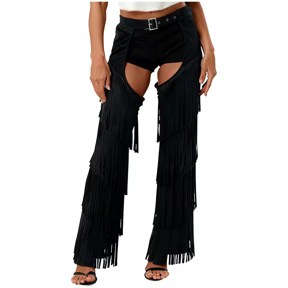 Black Faux Suede Tassel Cut Out Chaps Trousers With Belt