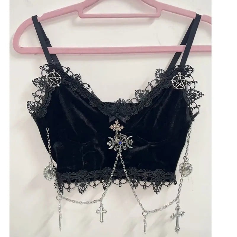 Black Gothic Velvet Chain Lace Crop Top