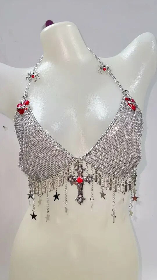 Silver Gothic Chain Tassel Bra Crop Top