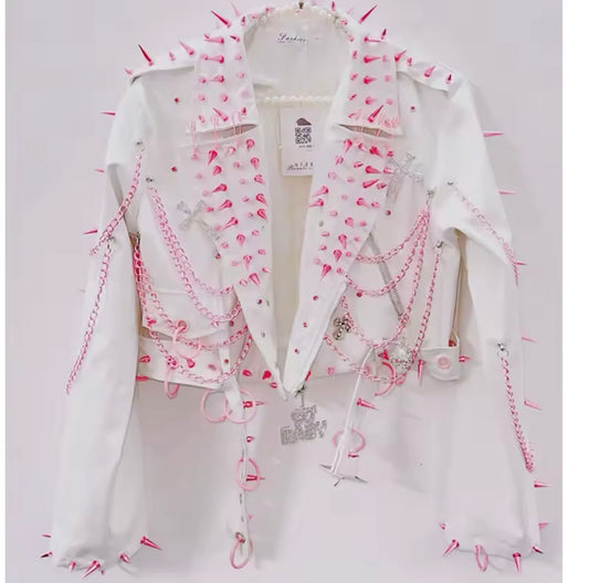 White Faux Leather Pink Spike Studded Kawaii Punk Jacket