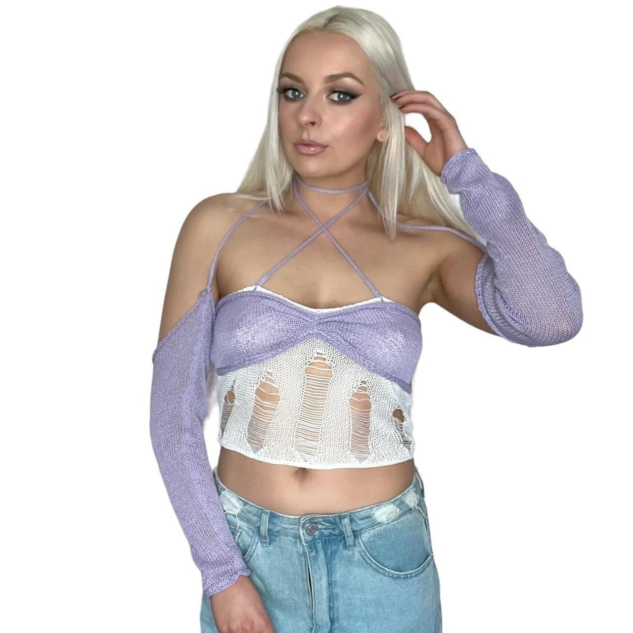 Purple and White 2 in 1 Crochet Knitted Crop Top