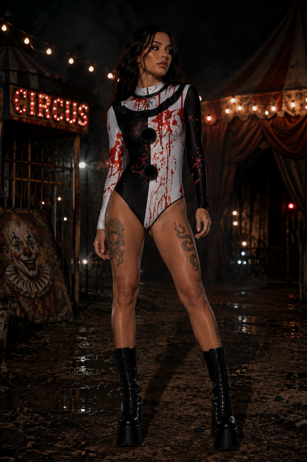Black And White Monochrome Blood Splattered Horror Clown Bodysuit Halloween Costume