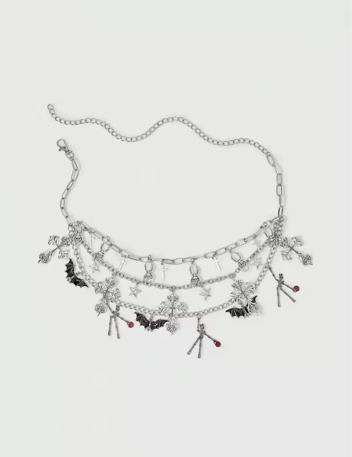 Silver Gothic Bat Skeleton Charm Layer Chain Belt