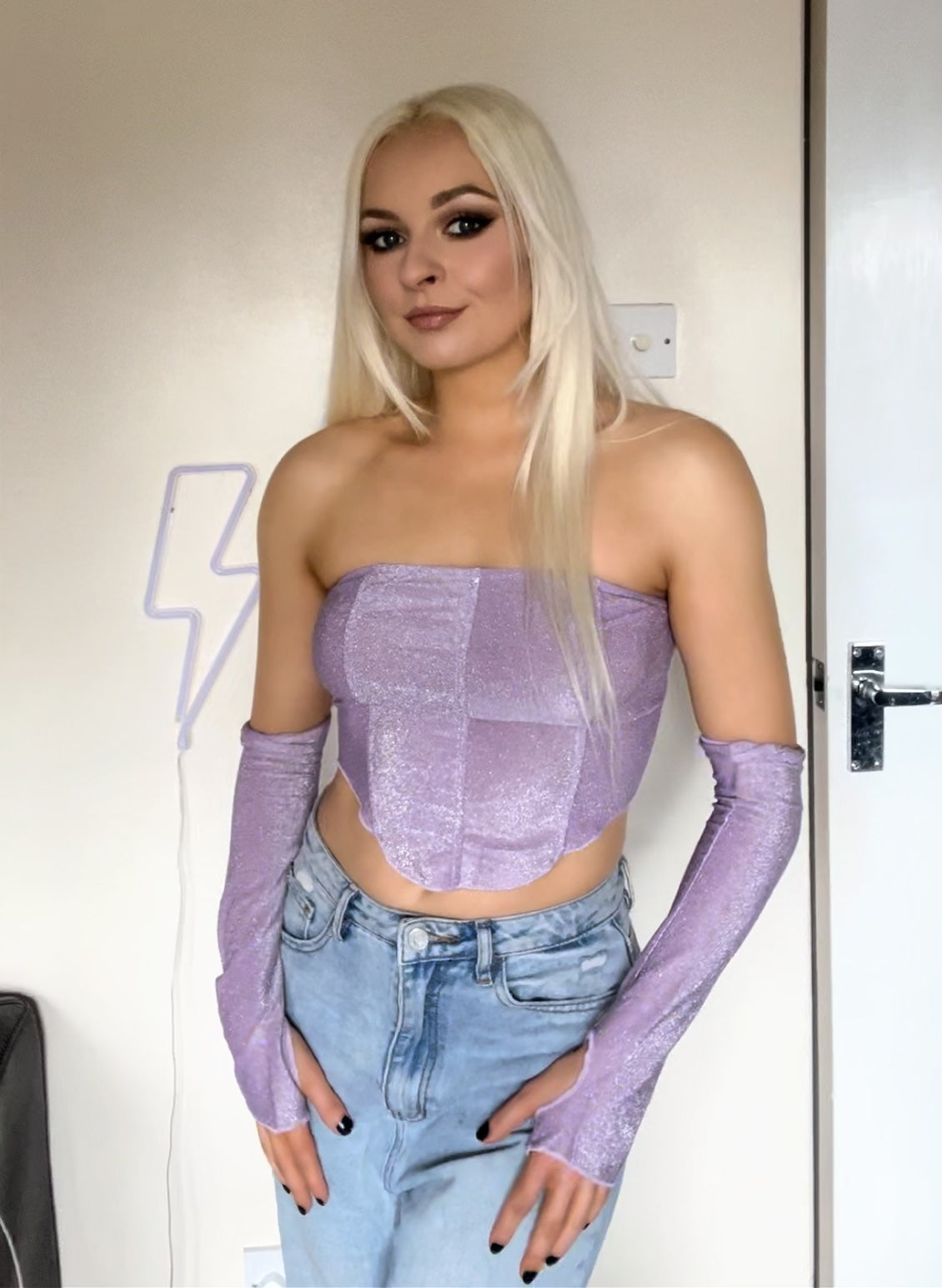 Purple Glitter Strapless Corset Crop Top With Arm Sleeves