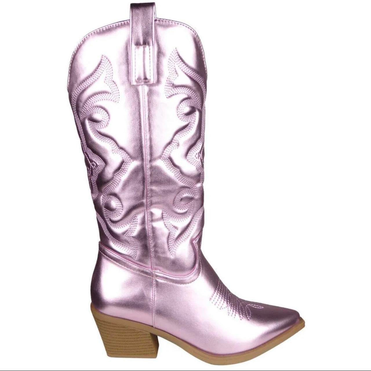 Pink Metallic Faux Leather Mid Calf Cowboy Boots