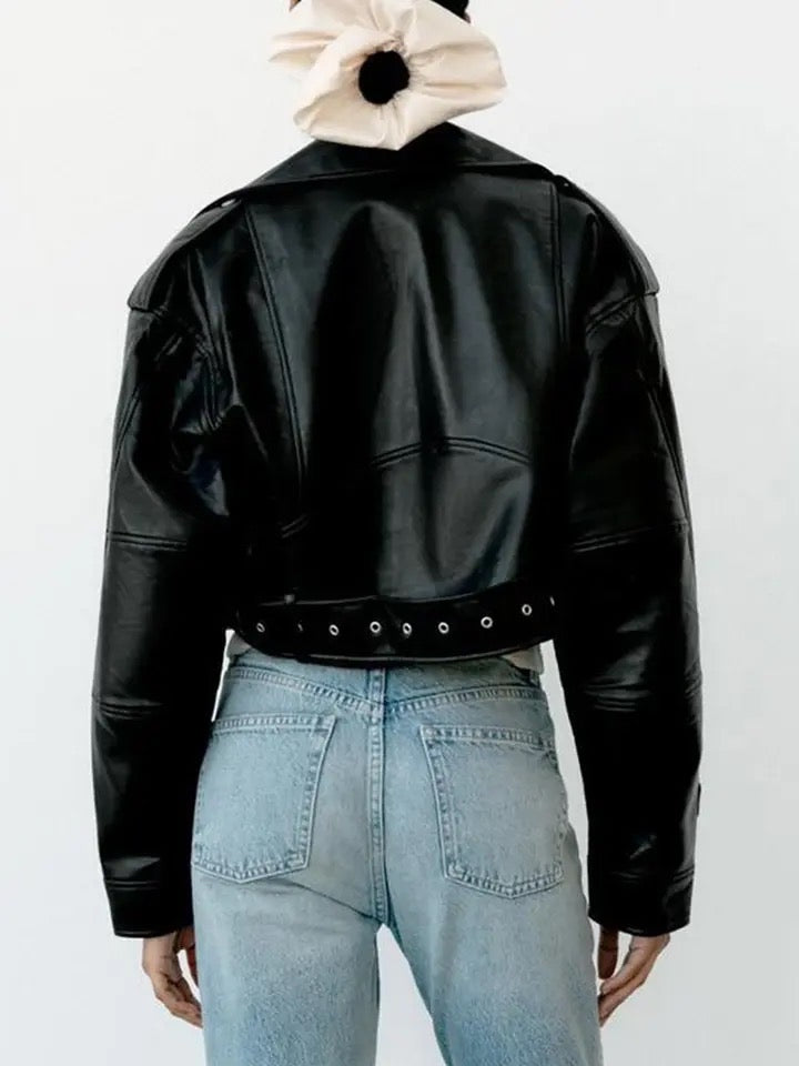 Black Faux Leather Cropped Biker Punk Jacket