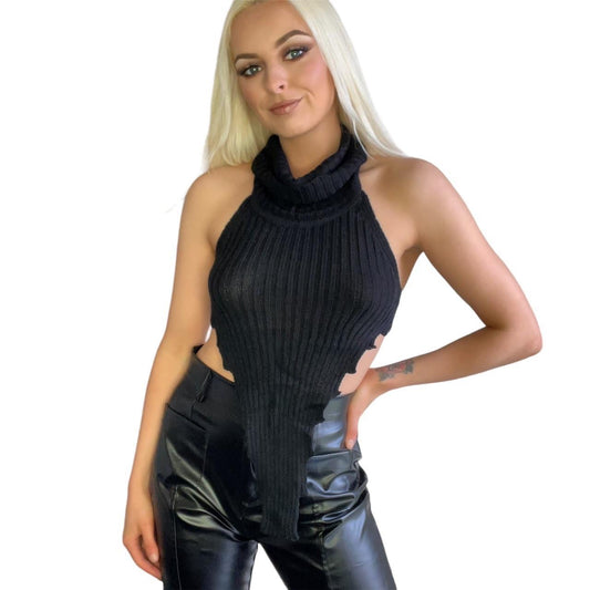 Black Knitted High Neck Asymmetric Crop Top