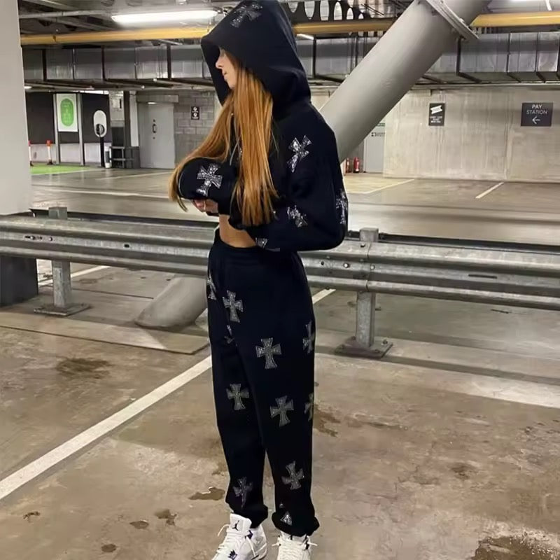 Black Gothic Rhinestone Cross Casual Jogging Sweatpants Trousers