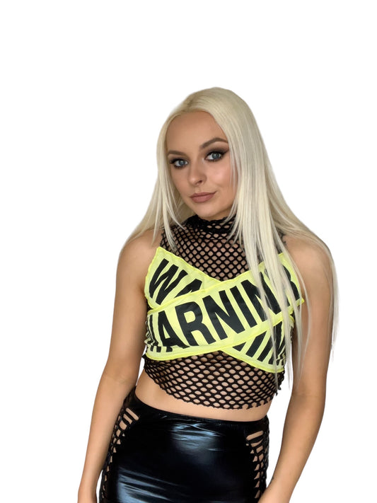 Black Netted Warning Tape Crop Top