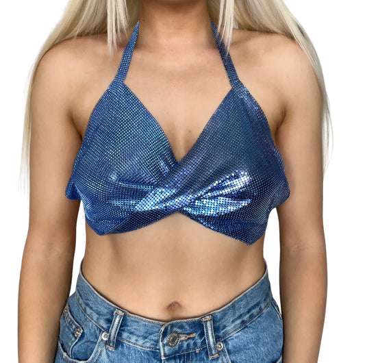 Blue Metallic Mermaidcore Chain Crop Top