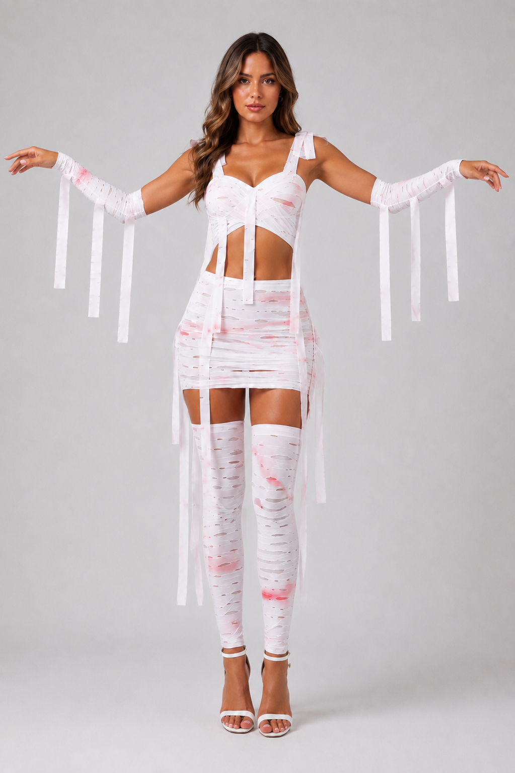 White Horror Bandage Mummy 4 Piece Cosplay Halloween Costume Outfit
