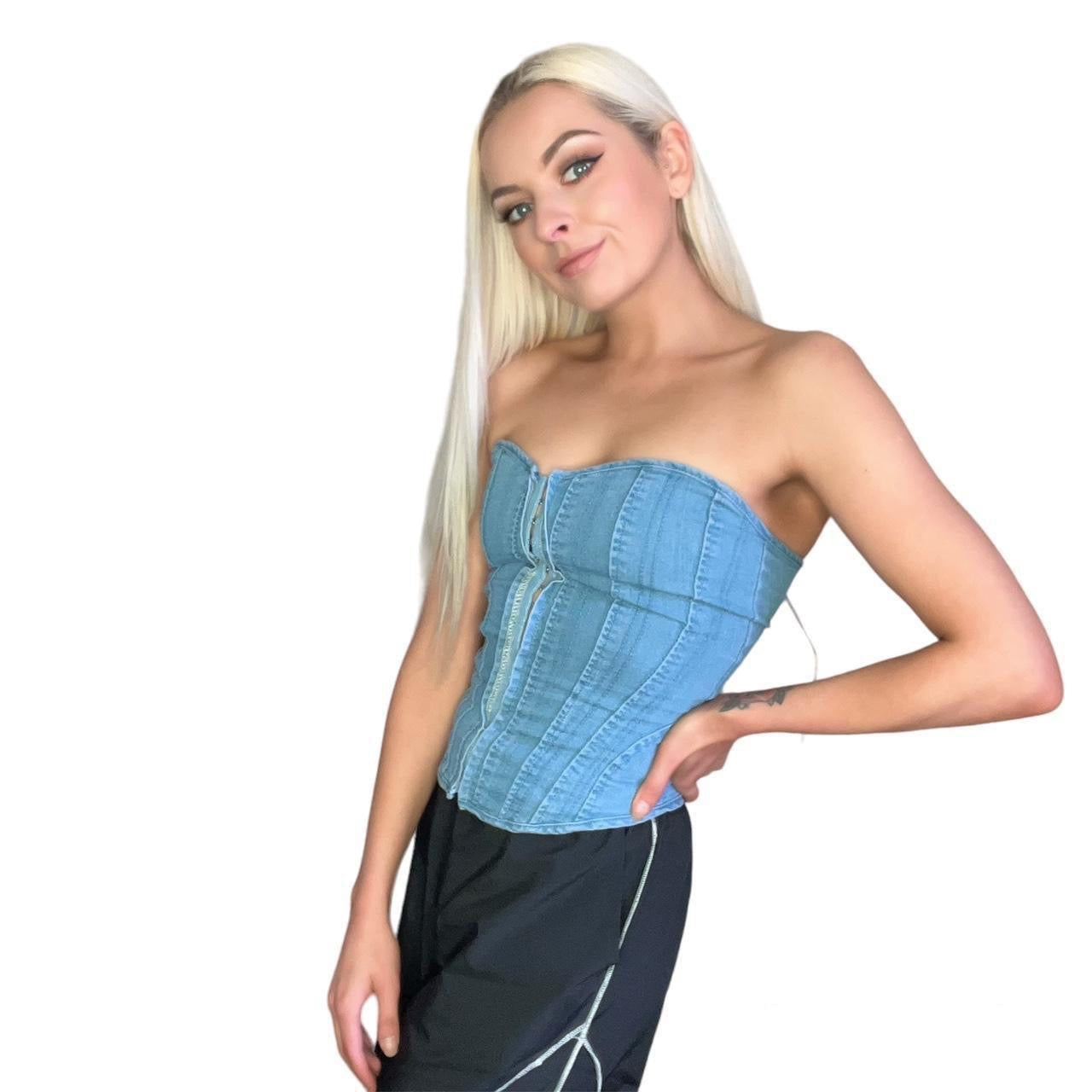 Blue Denim Strapless Y2K Style Corset Top