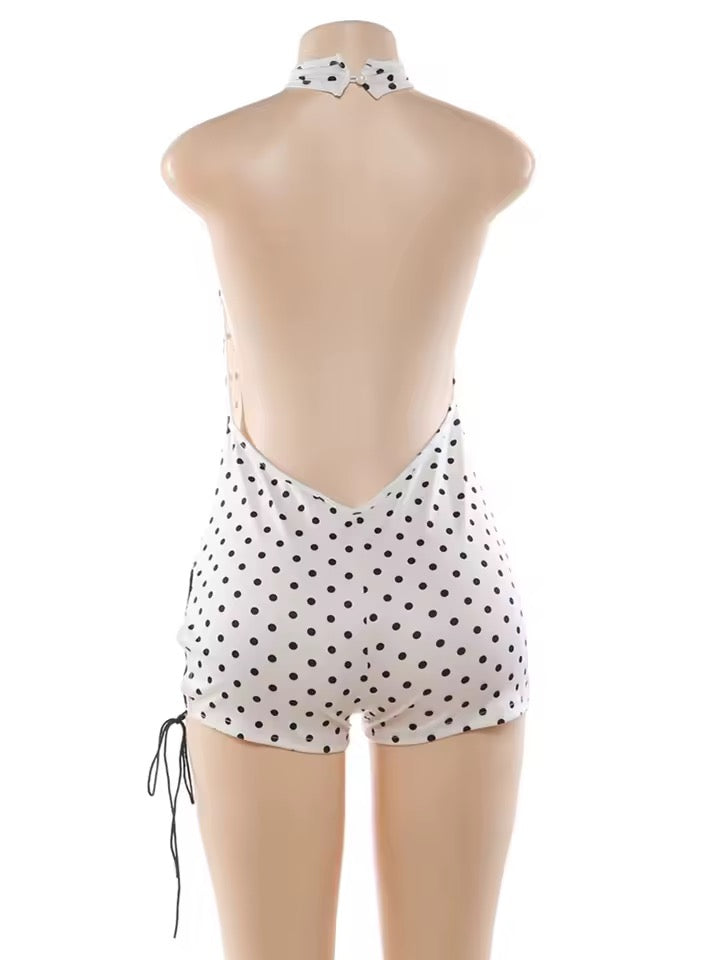 White Polka Dot Halterneck Lace Up Retro Pin Up Playsuit
