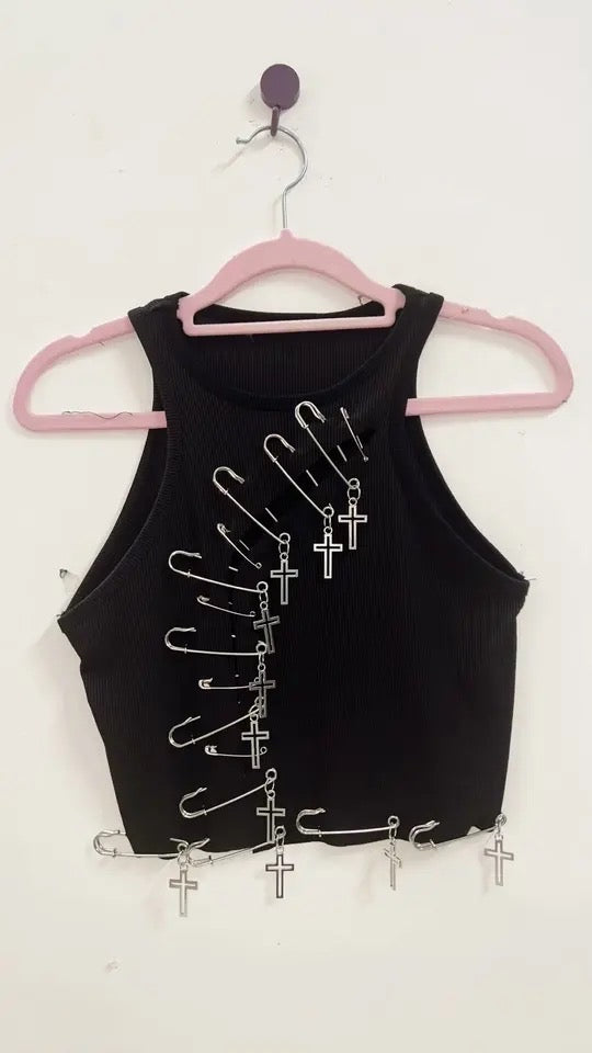 Black Punk Safety Pin Charm Crop Top