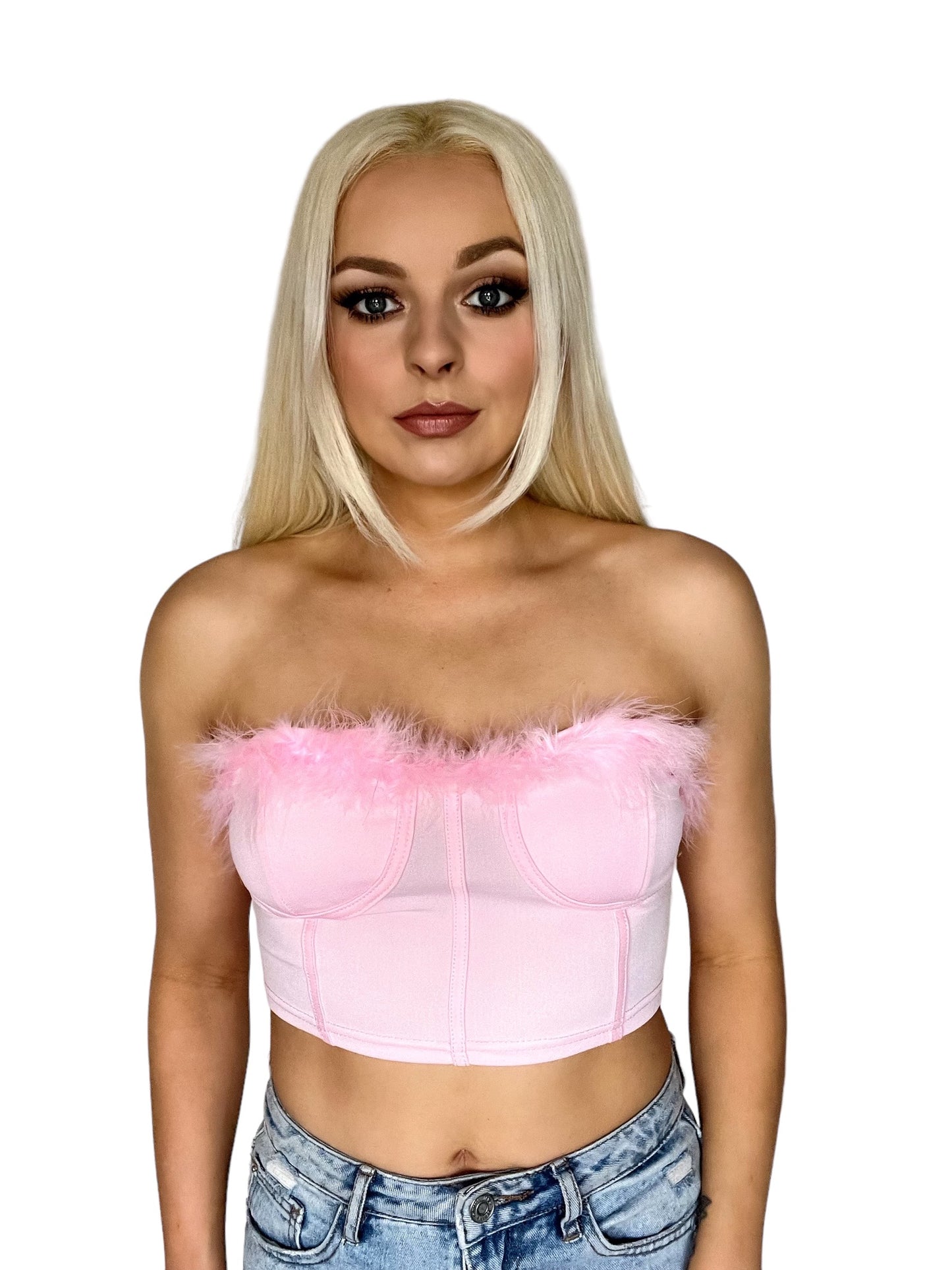 Pink Cropped Fluffy Corset Crop Top