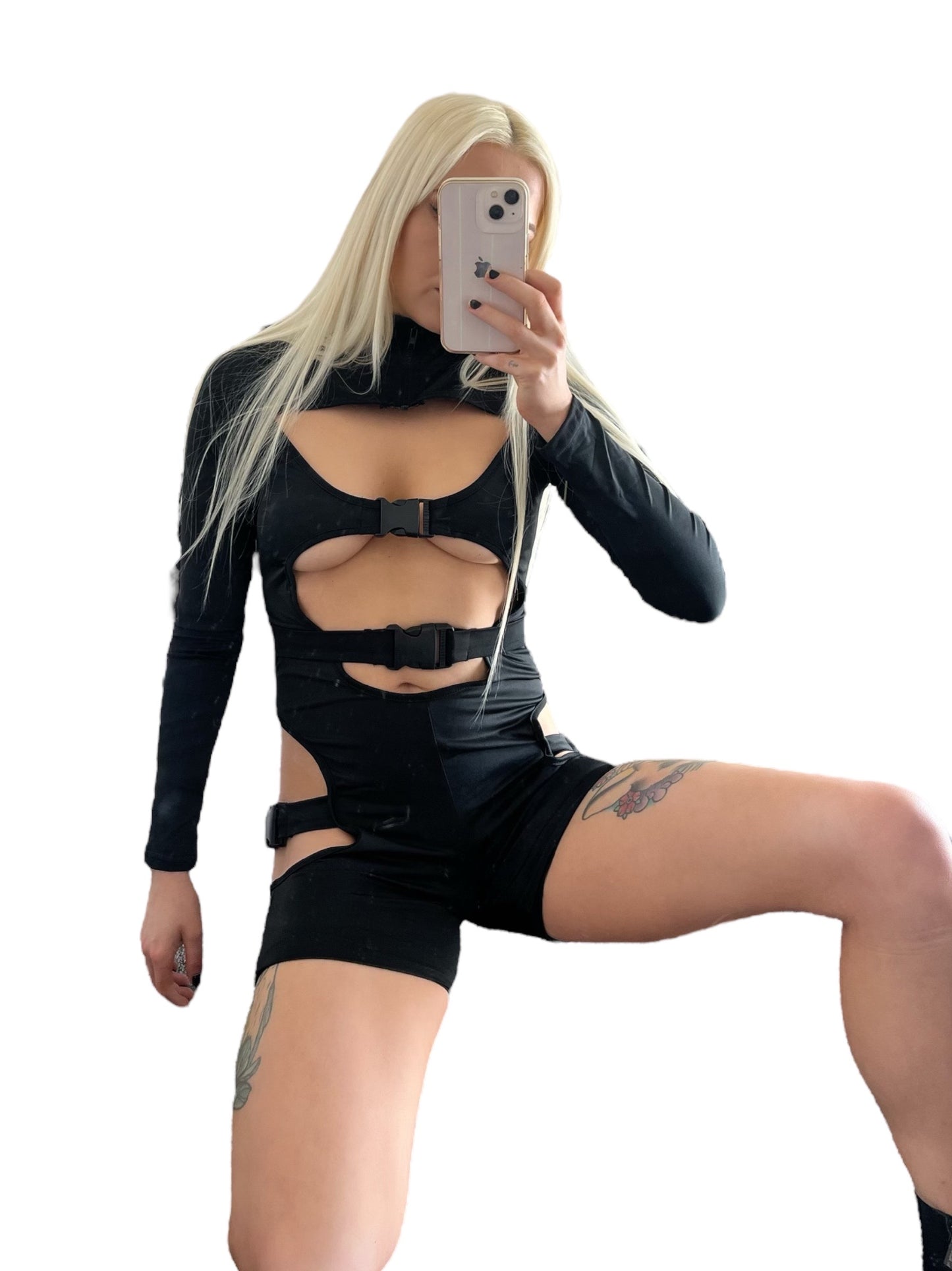 Black Extreme Cut Out Rave Buckle Playsuit