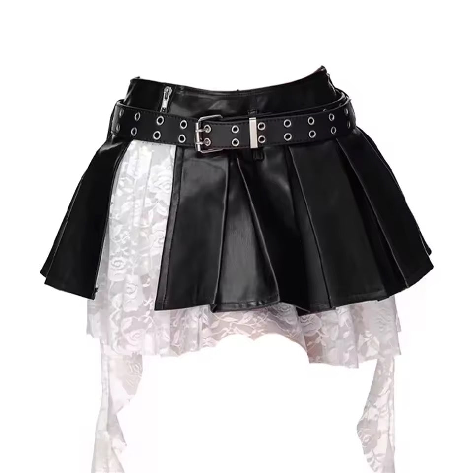 Black Faux Leather Lace Y2k Pleated Mini Skirt