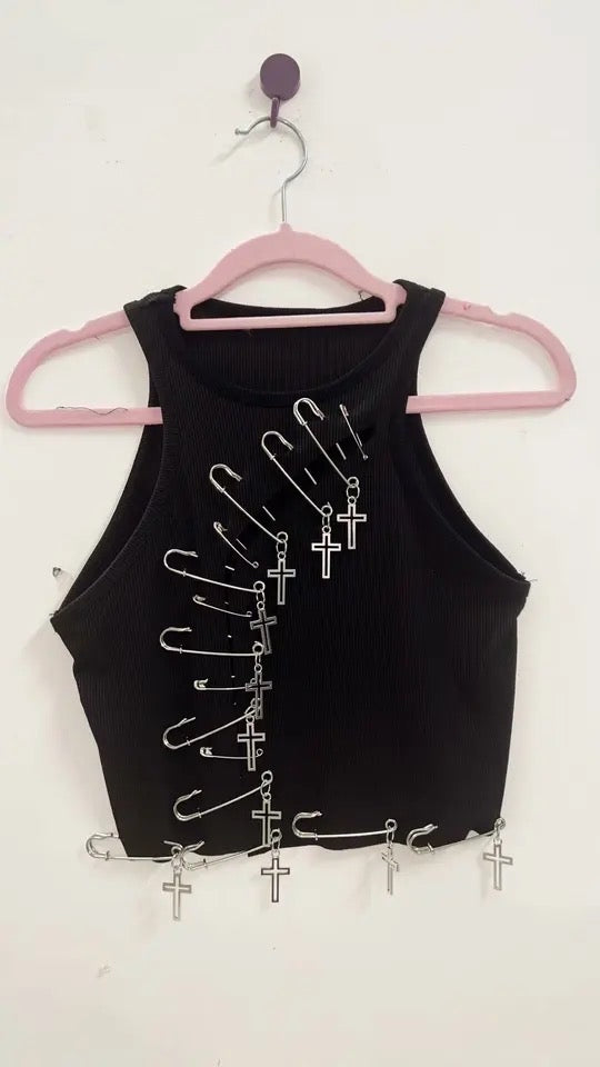 Black Punk Safety Pin Charm Crop Top