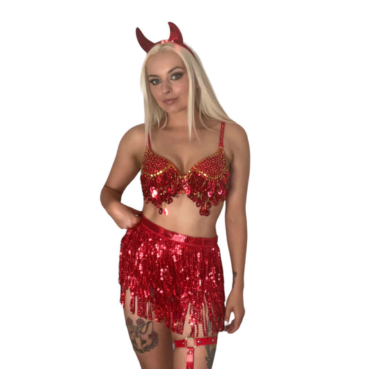 Red Devil 3 Piece Sequin Tassel Halloween Costume Set