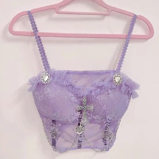 Purple Gothic Lace Bustier Crop Top