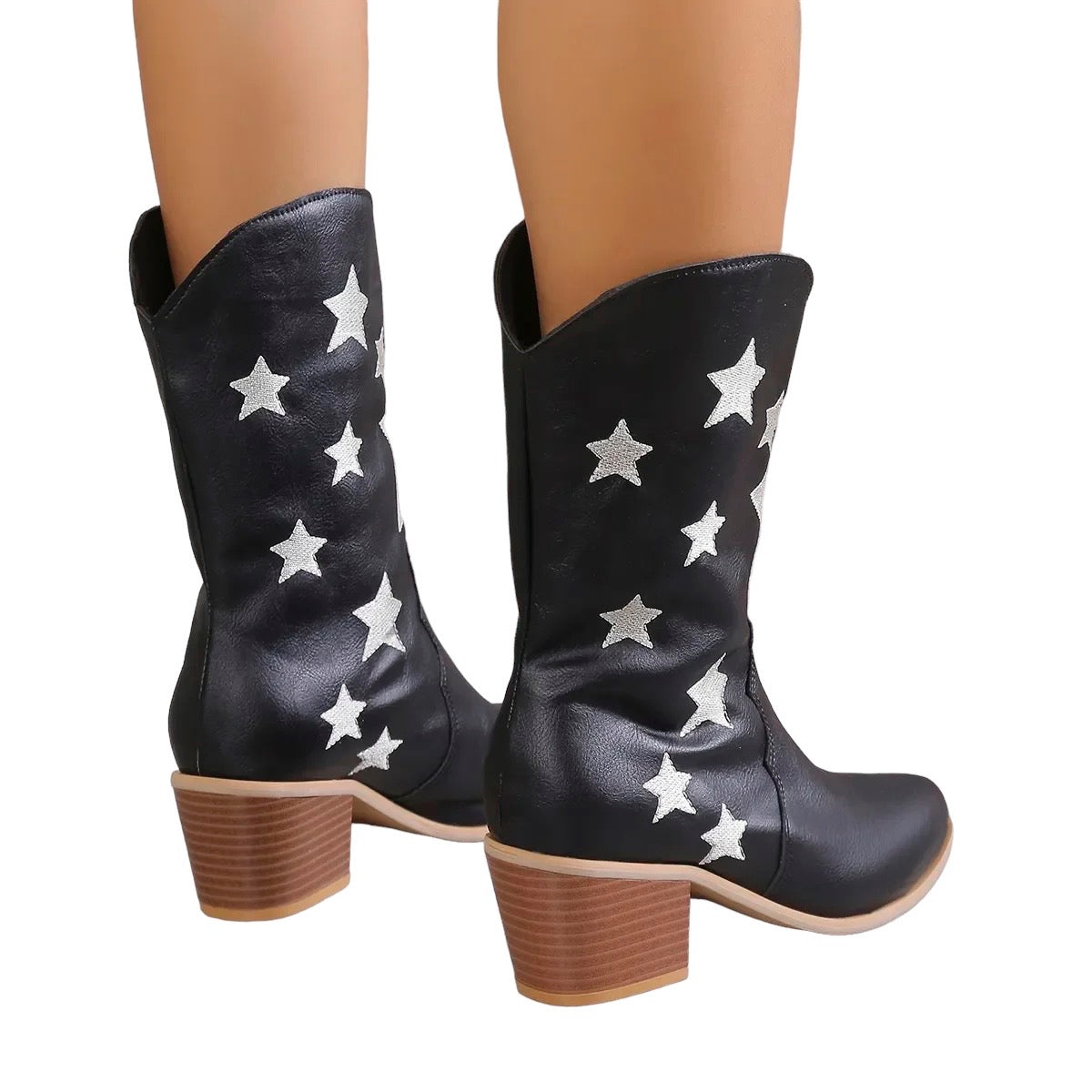 Black Faux Leather Star Calf Rise Cowboy Boots