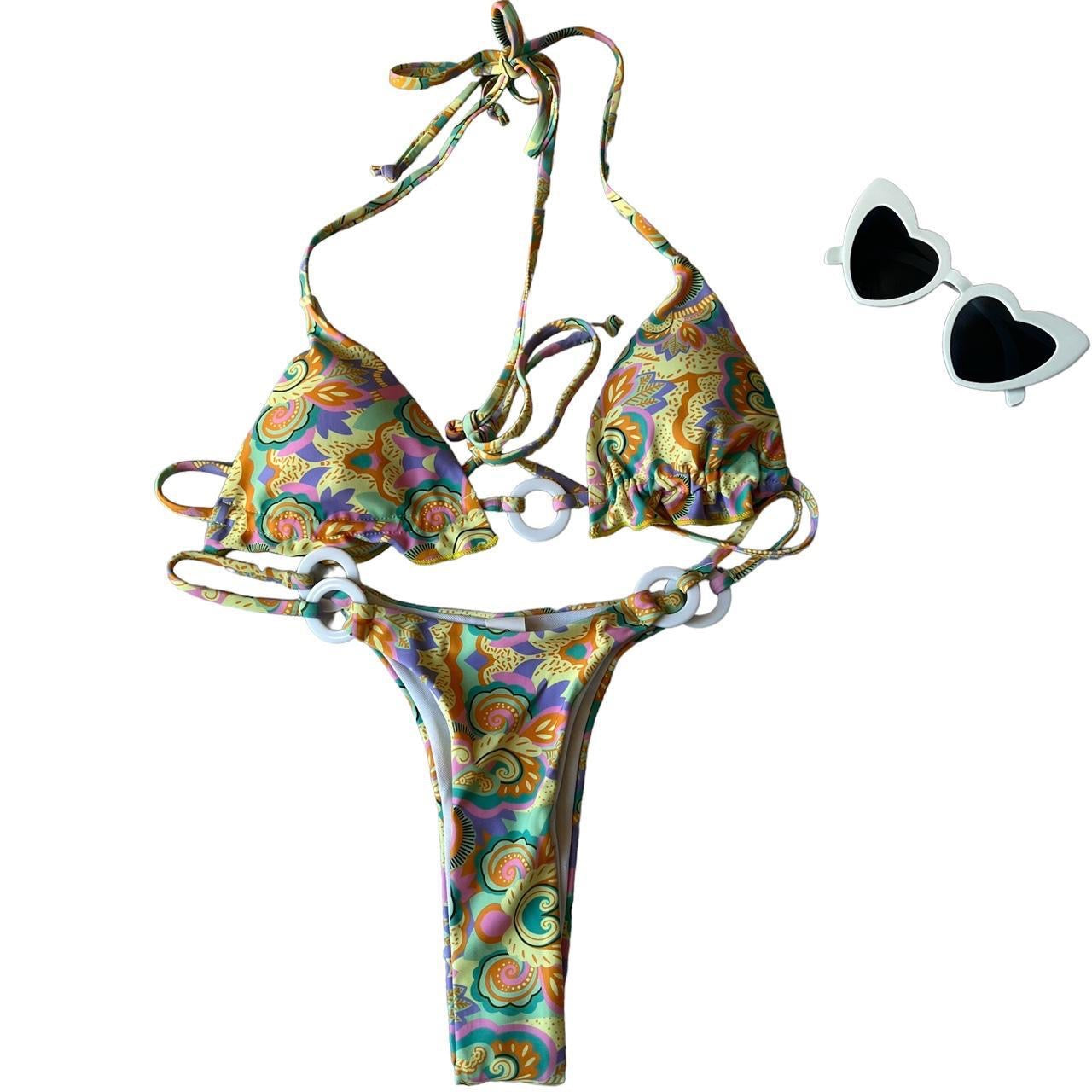 Yellow Retro Flower Print 3 Piece Bikini Set