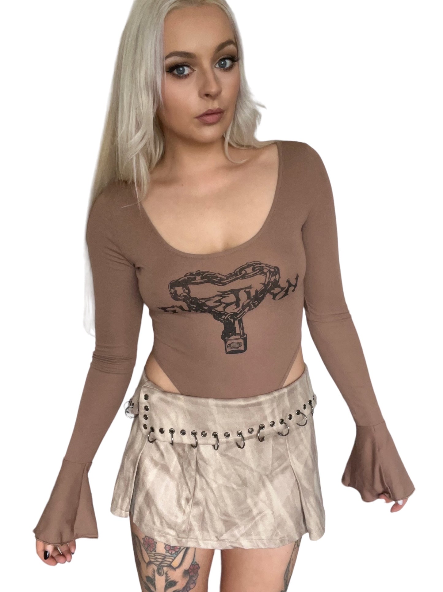 Brown Heart Punk Graphic Y2K Bodysuit