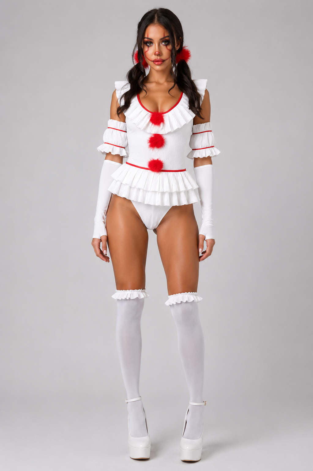 White Horror Clown Frill Bodysuit Outfit Cosplay Halloween Costume Set