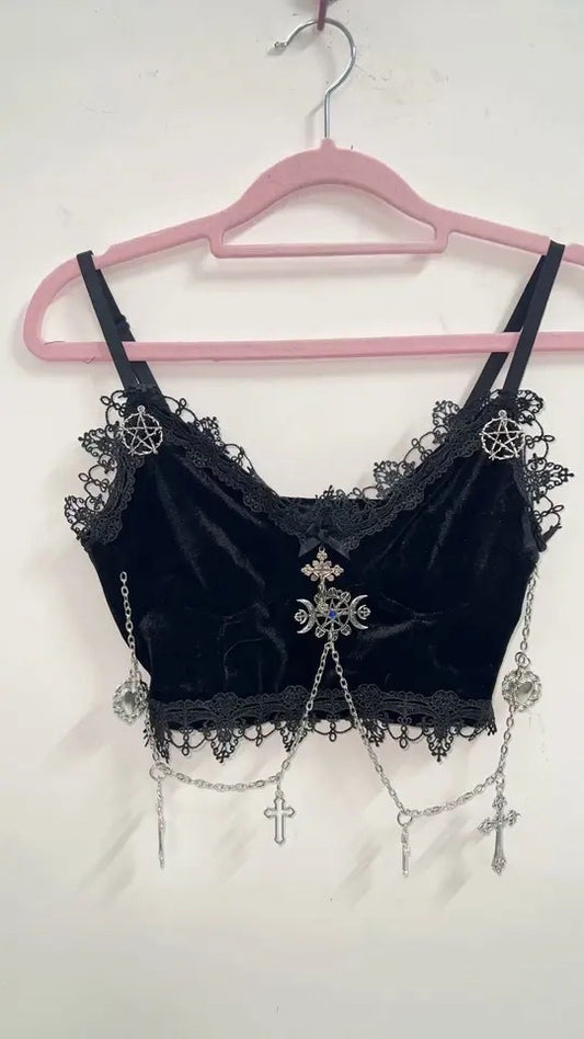 Black Gothic Velvet Chain Lace Crop Top