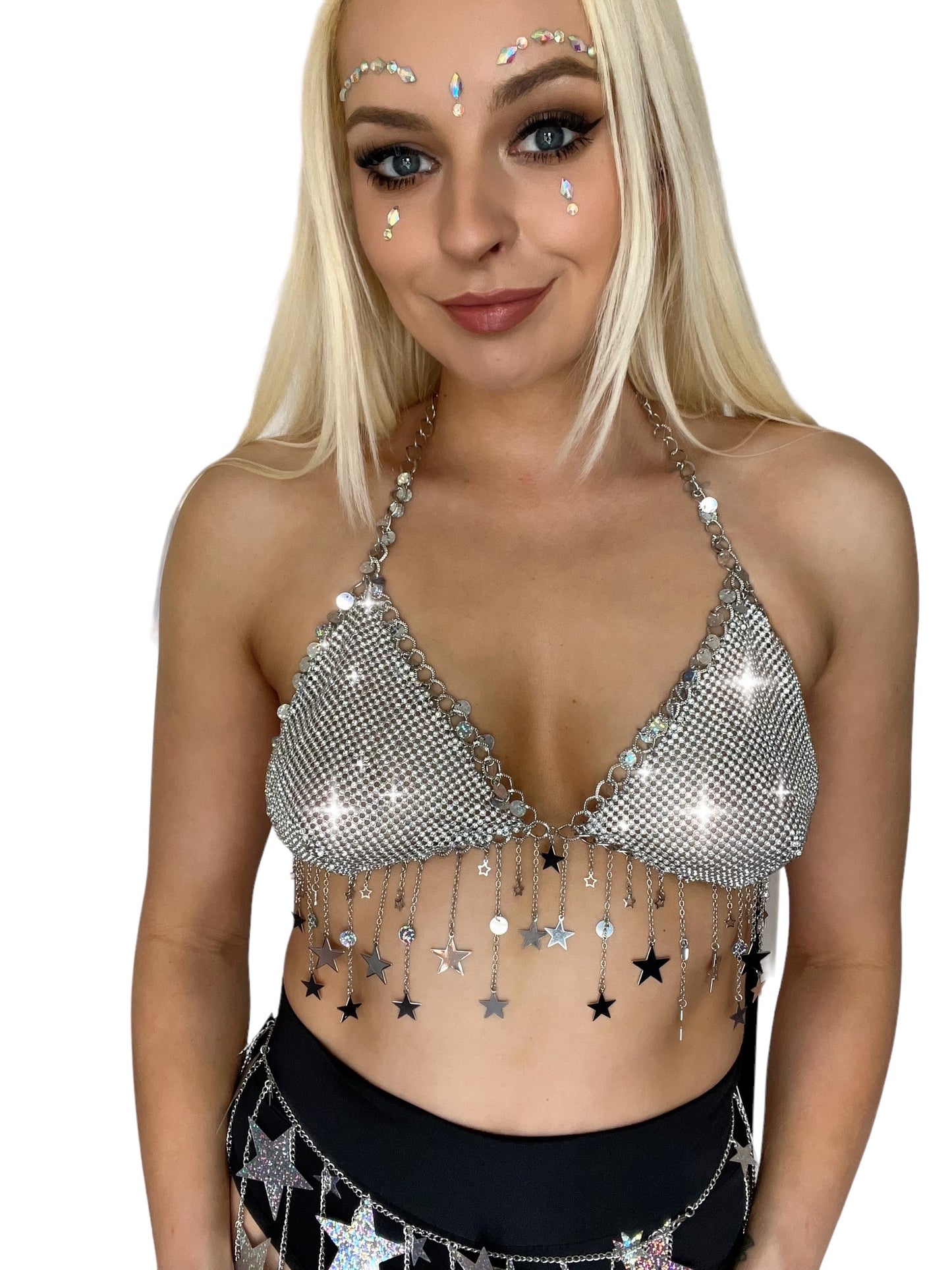 Silver Metal Chain Star Tassel Festival Bra Crop Top