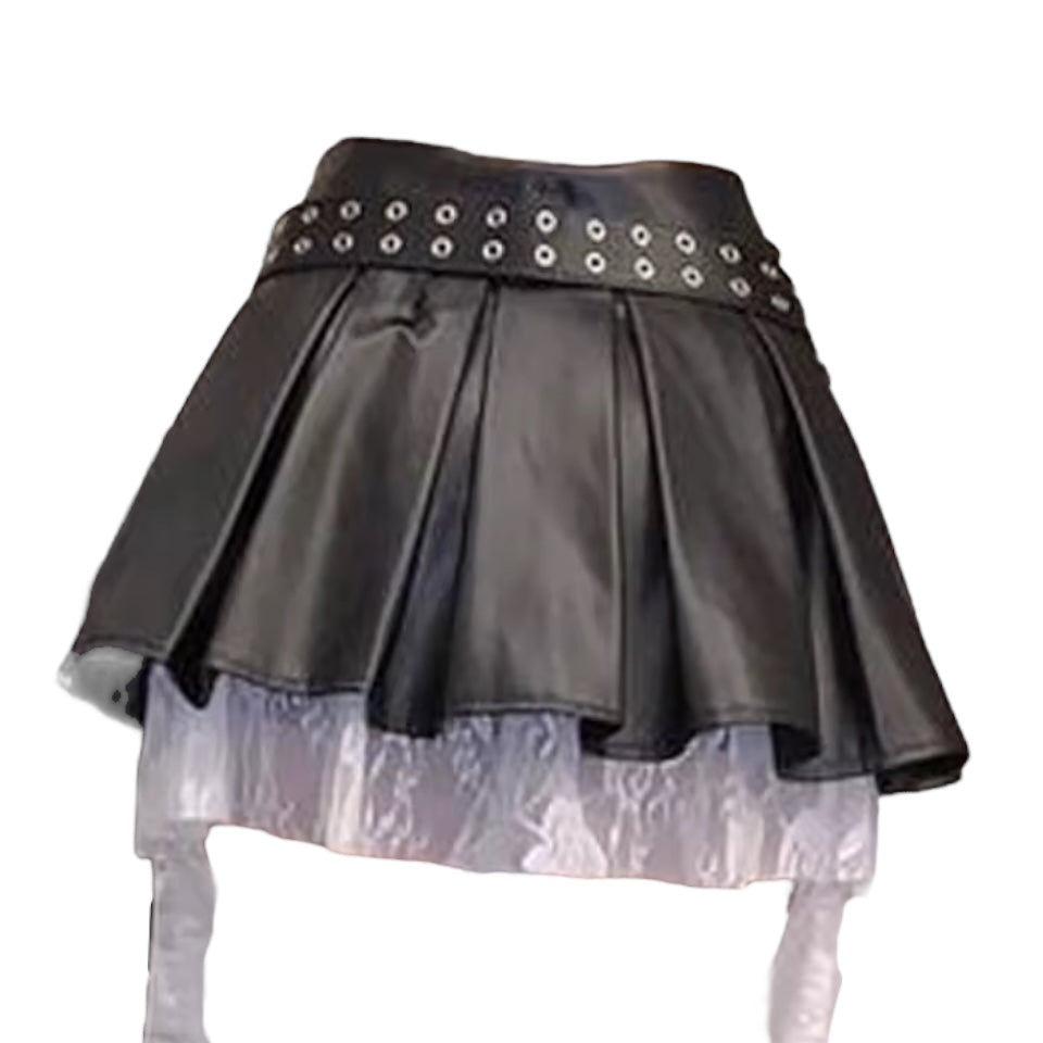 Black Faux Leather Lace Y2k Pleated Mini Skirt