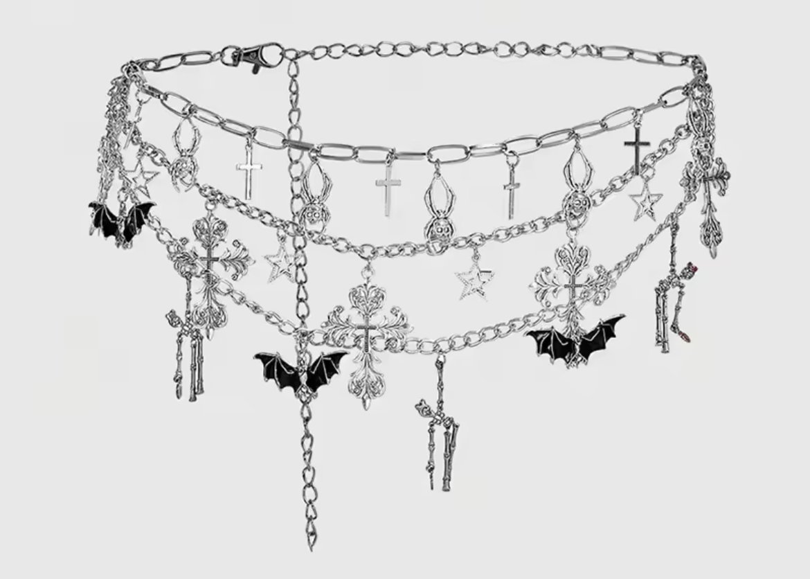 Silver Gothic Bat Skeleton Charm Layer Chain Belt