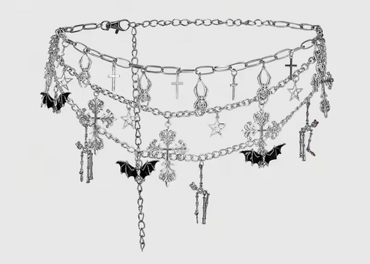 Silver Gothic Bat Skeleton Charm Layer Chain Belt