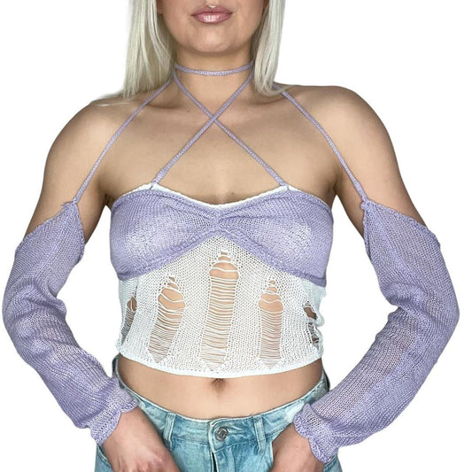 Purple and White 2 in 1 Crochet Knitted Crop Top