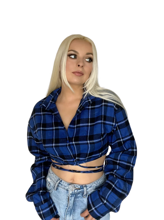 Blue Checkered Flannel Cropped Wrap Shirt