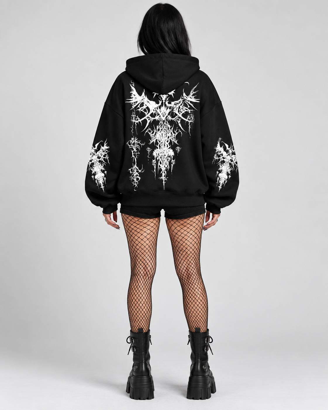 Black Gothic Oversized Graphic Hoodie with White Back Print