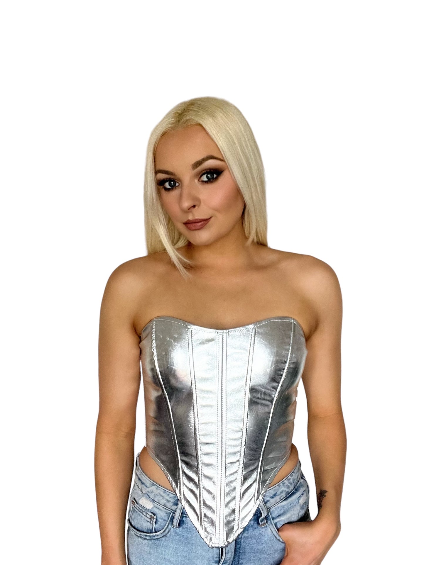 Silver Metallic Lace Up Y2k Corset