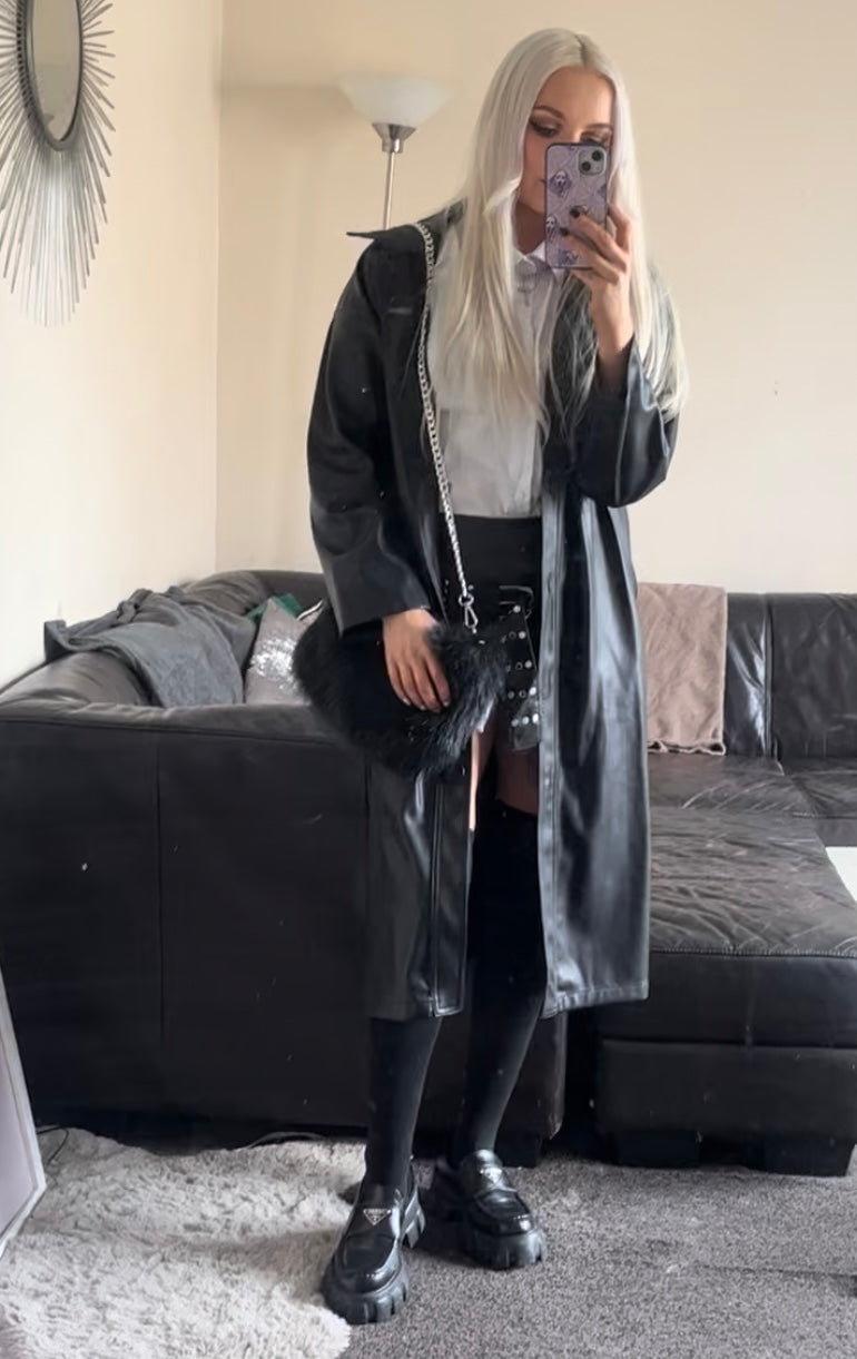 Black Faux Leather Winter Long Punk Coat