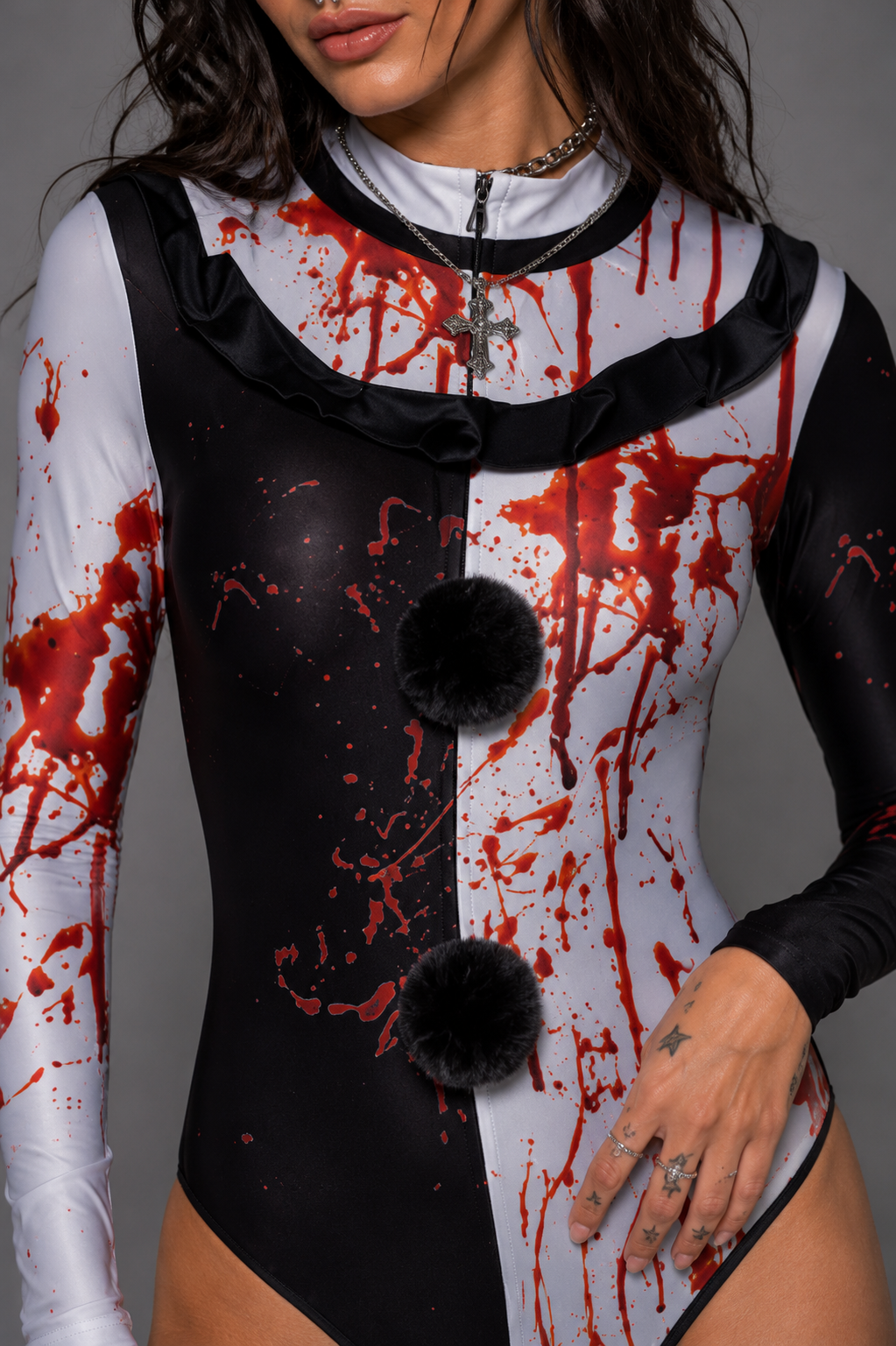 Black And White Monochrome Blood Splattered Horror Clown Bodysuit Halloween Costume