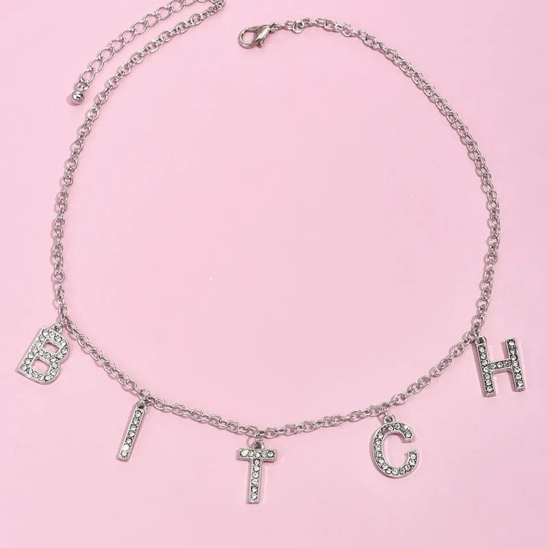 Silver Bitch Pendant Diamanté Choker Y2k Necklace