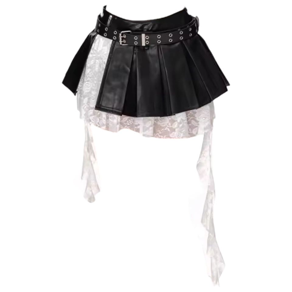 Black Faux Leather Lace Y2k Pleated Mini Skirt